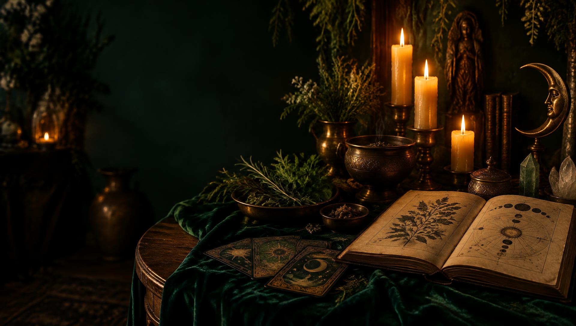 Altar da Bruxa Catarina com velas, ervas, grimório e cartas de tarô