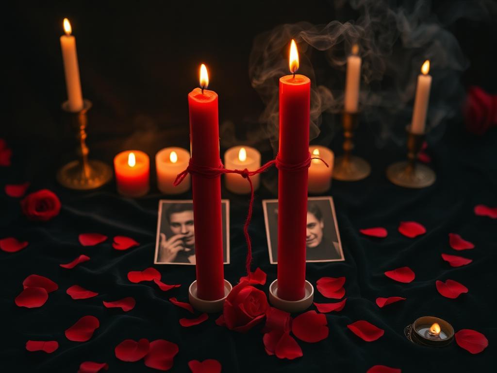 Velas vermelhas amarradas com fio em ritual de amarração amorosa